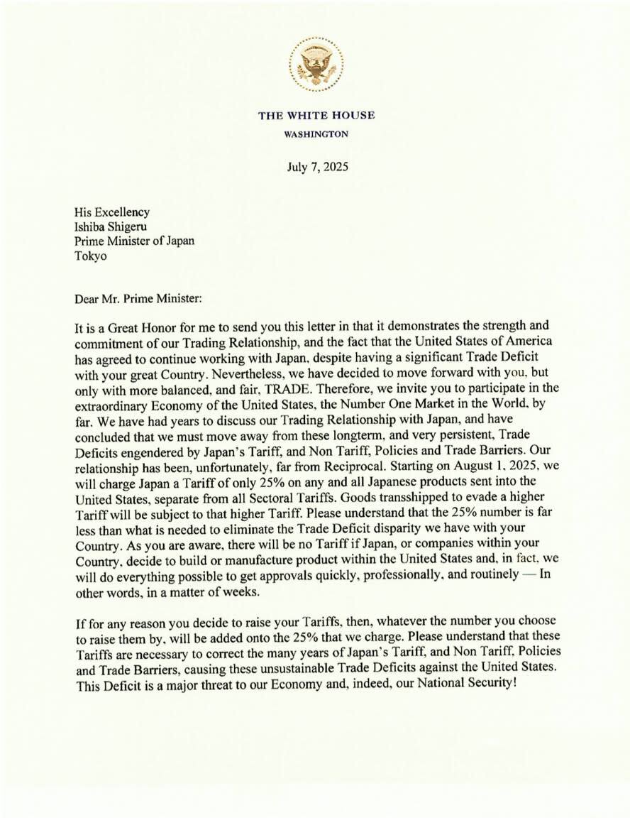 Tariff Letter to Japan from the moron in chief